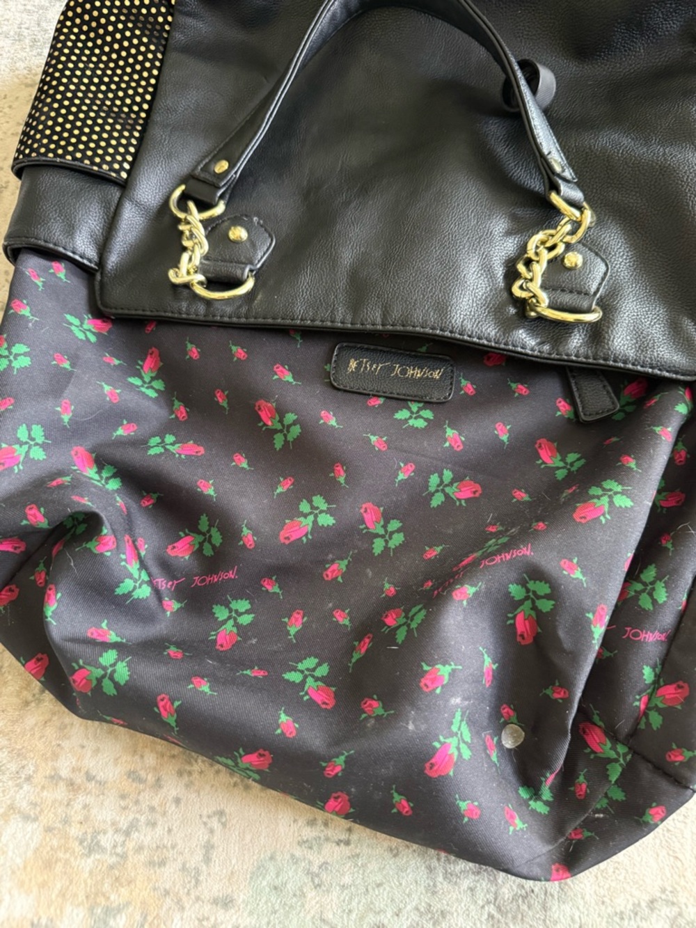 Betsey Johnson Black Tie Affair Quilted Tote - Gold Stud Details, Floral Lining - Picture 7 of 11